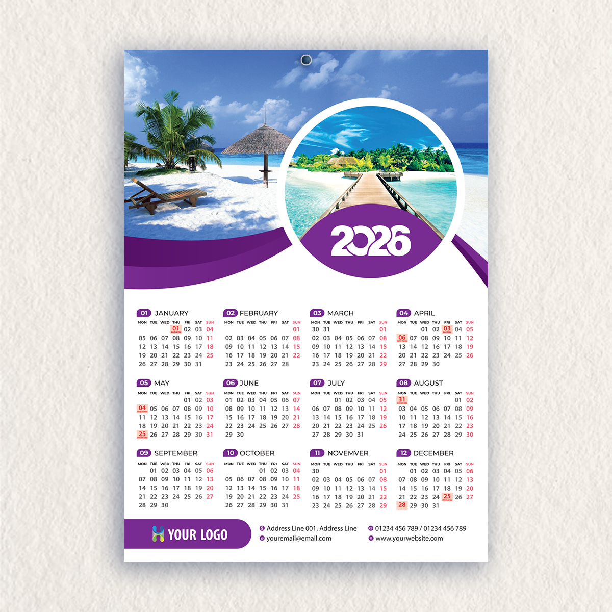 Personalised A3 Single Page Wall Calendar, 12 Months